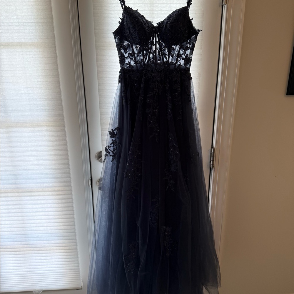 Elegant deep navy and sparkles Lace formal Gown